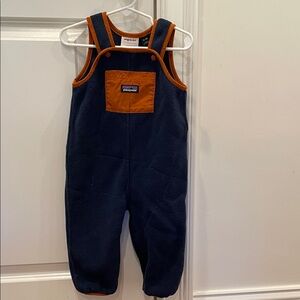 Patagonia Kids' Fleece Overalls in Dark Blue and Bright Orange Size 12-18 Months